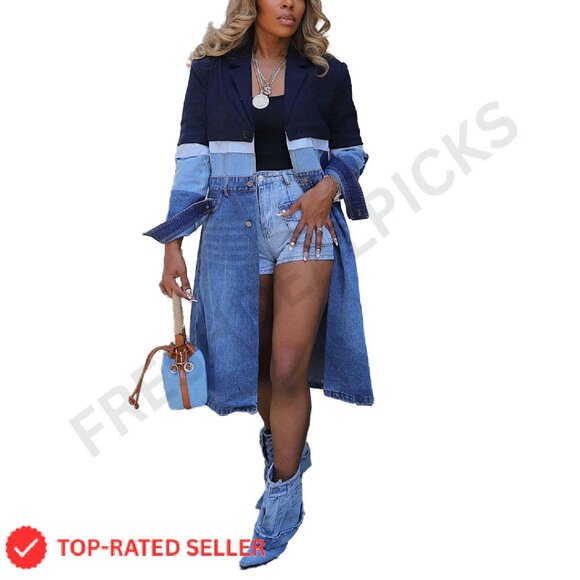 Denim Trench Coat Patchwork Blazer Oversized Y2K Vintage Style Long Sleeve